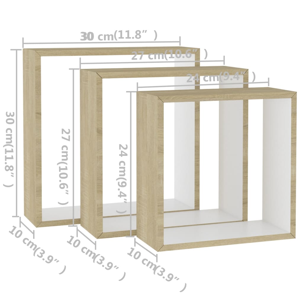 vidaXL Wall Cube Shelves 3 pcs White and Sonoma Oak