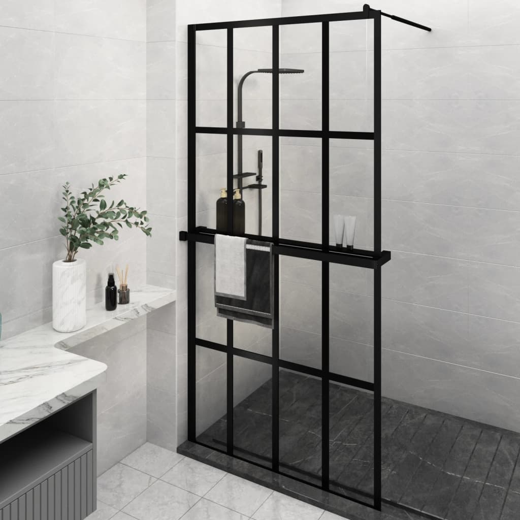 vidaXL Walk-in Shower Wall with Shelf Black 118x190 cm ESG Glass&Aluminium