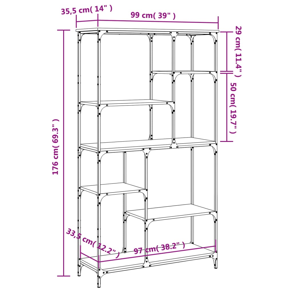 vidaXL Bookshelf Smoked Oak 99x35.5x176 cm Engineered Wood and Steel