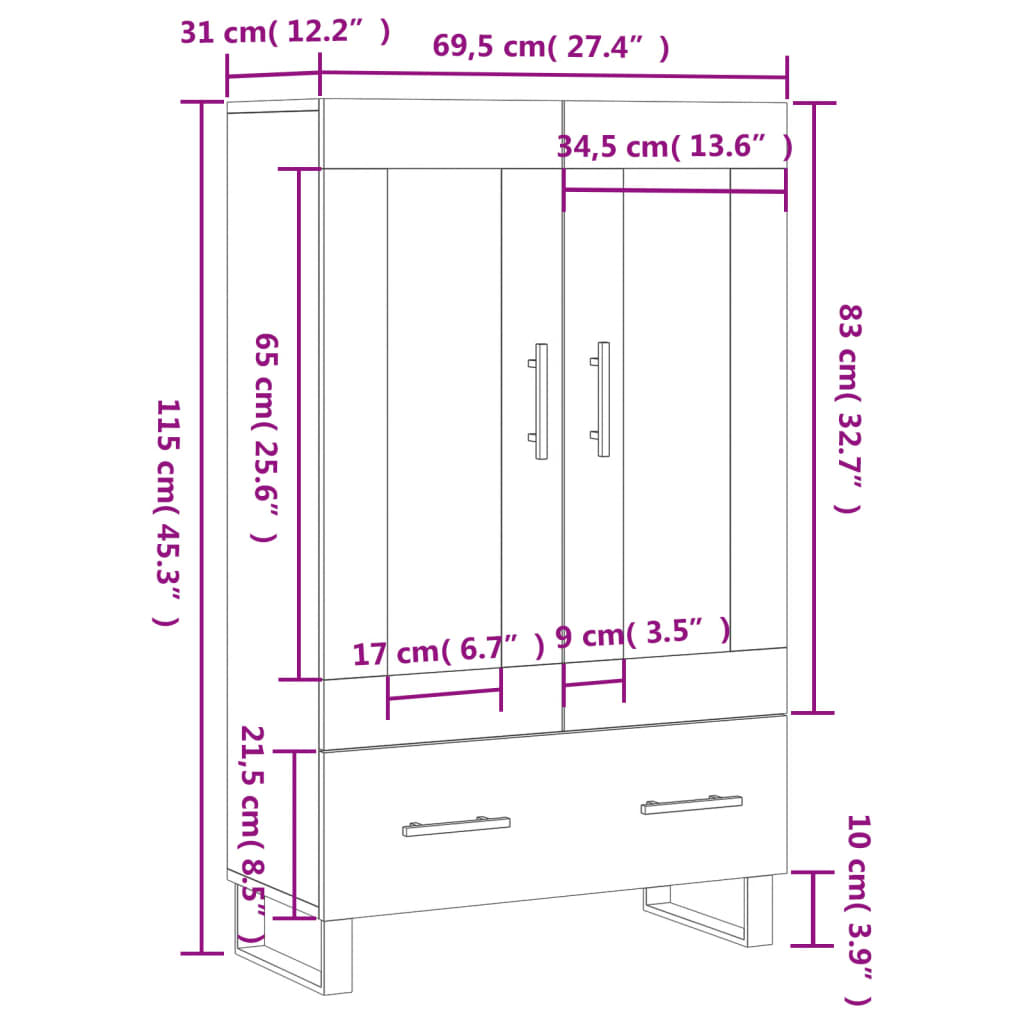 vidaXL Highboard Concrete Grey 69.5x31x115 cm Engineered Wood