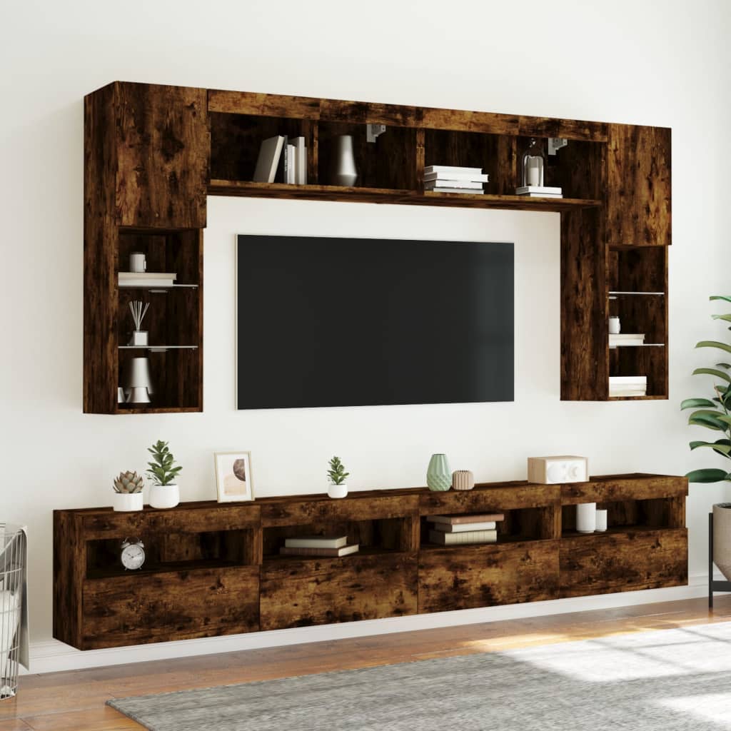 vidaXL TV Wall Cabinets with LED Lights 2 pcs Smoked Oak 60x30x40 cm