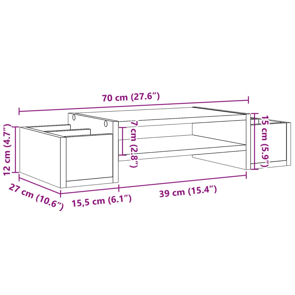 vidaXL Monitor Stand with Storage Smoked Oak 70x27x15 cm Engineered Wood