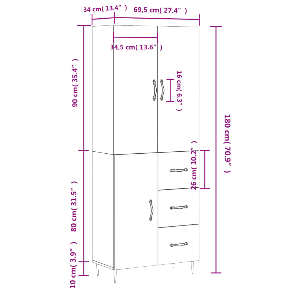 vidaXL Highboard High Gloss White 69.5x34x180 cm Engineered Wood