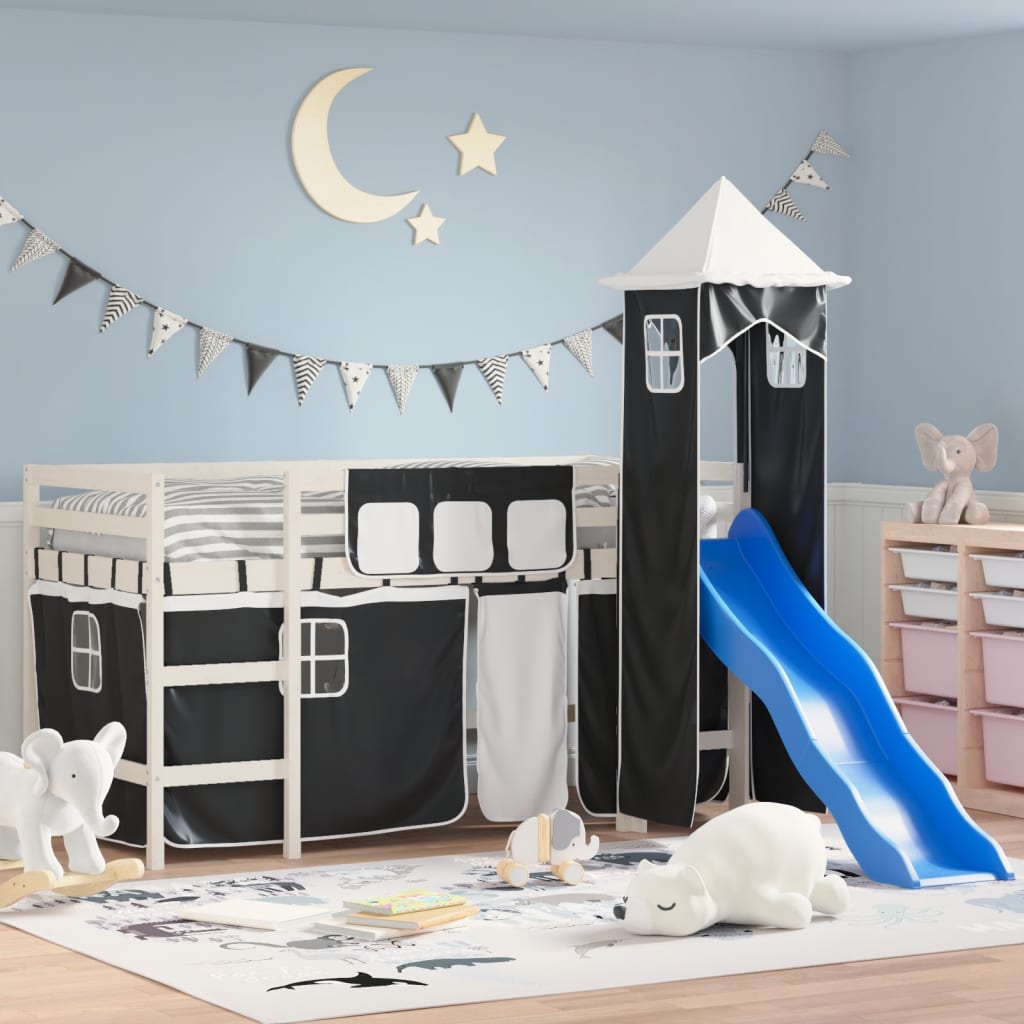 vidaXL Kids' Loft Bed with Tower without Mattress White&Black 90x200 cm