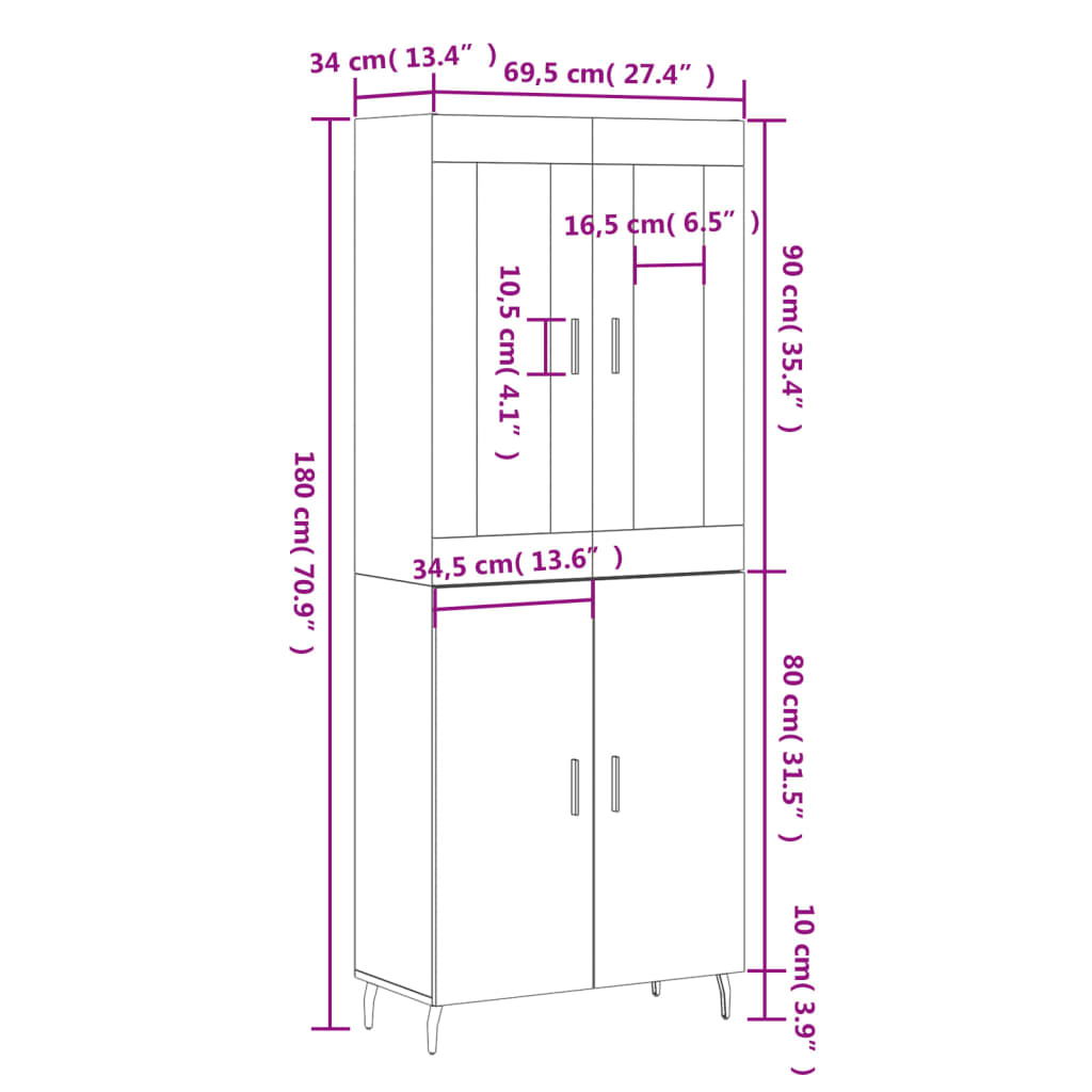 vidaXL Highboard Black 69.5x34x180 cm Engineered Wood