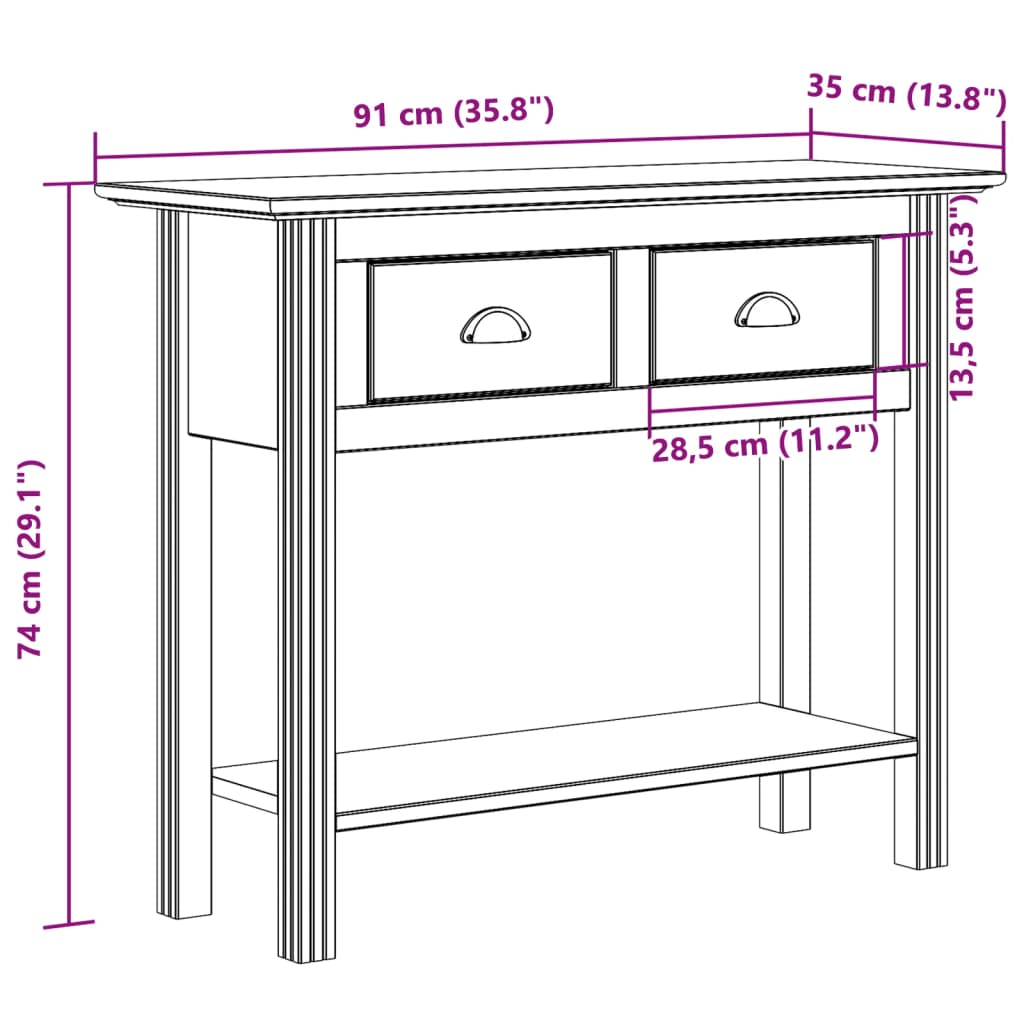 vidaXL Console Table BODO Brown 90x34.5x73 cm Solid Wood Pine