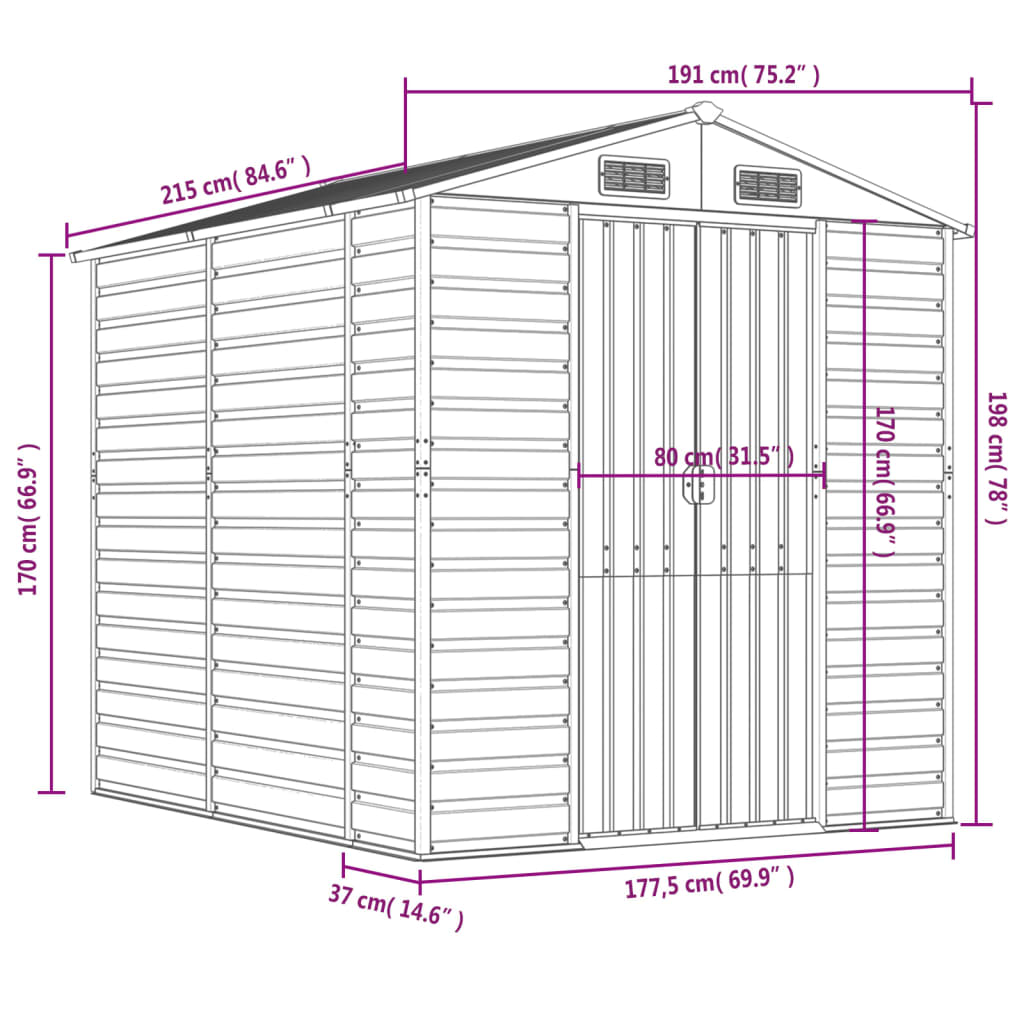 vidaXL Garden Shed Anthracite 191x215x198 cm Galvanised Steel