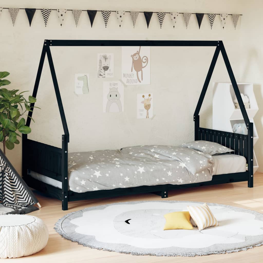 vidaXL Kids Bed Frame Black 90x200 cm Solid Wood Pine