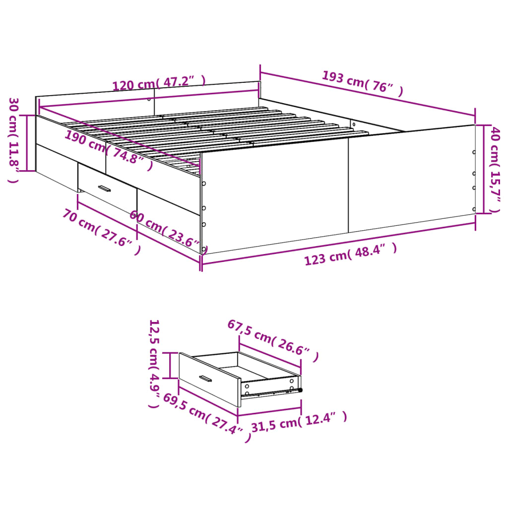 vidaXL Bed Frame with Drawers without Mattress Sonoma Oak 120x190 cm Small Double