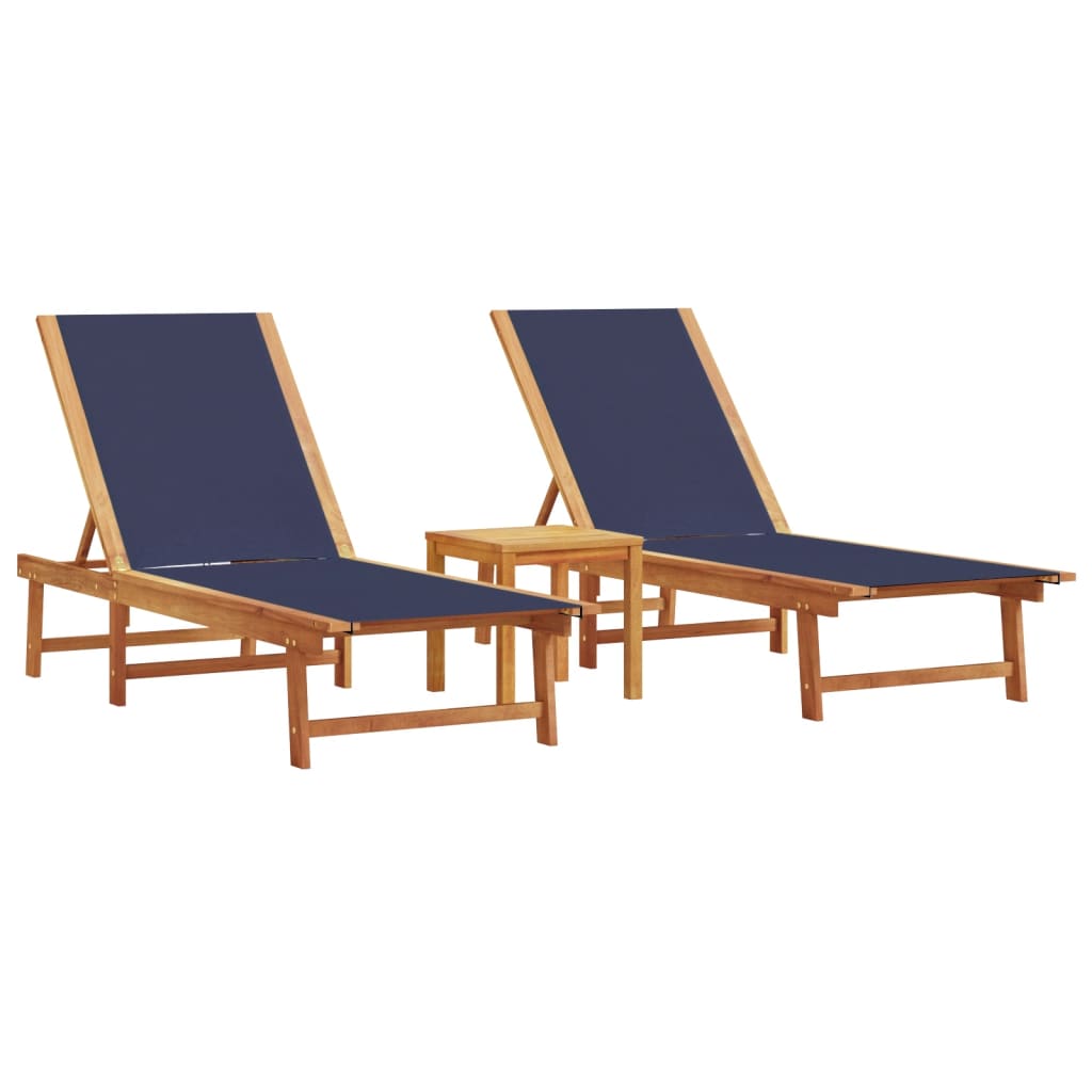 vidaXL Sun Loungers 2 pcs with Table Blue Solid Wood Acacia and Textilene