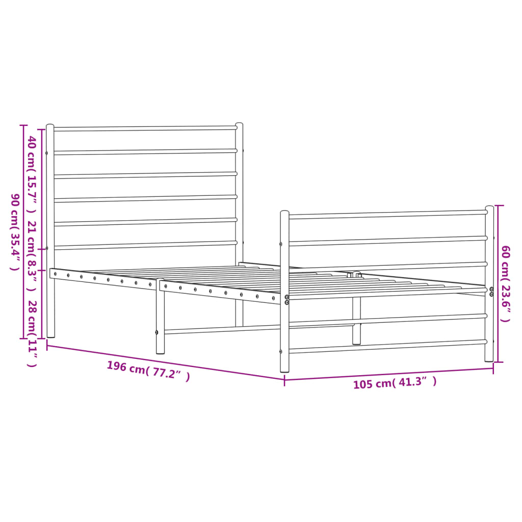 vidaXL Metal Bed Frame without Mattress with Footboard White 100x190 cm