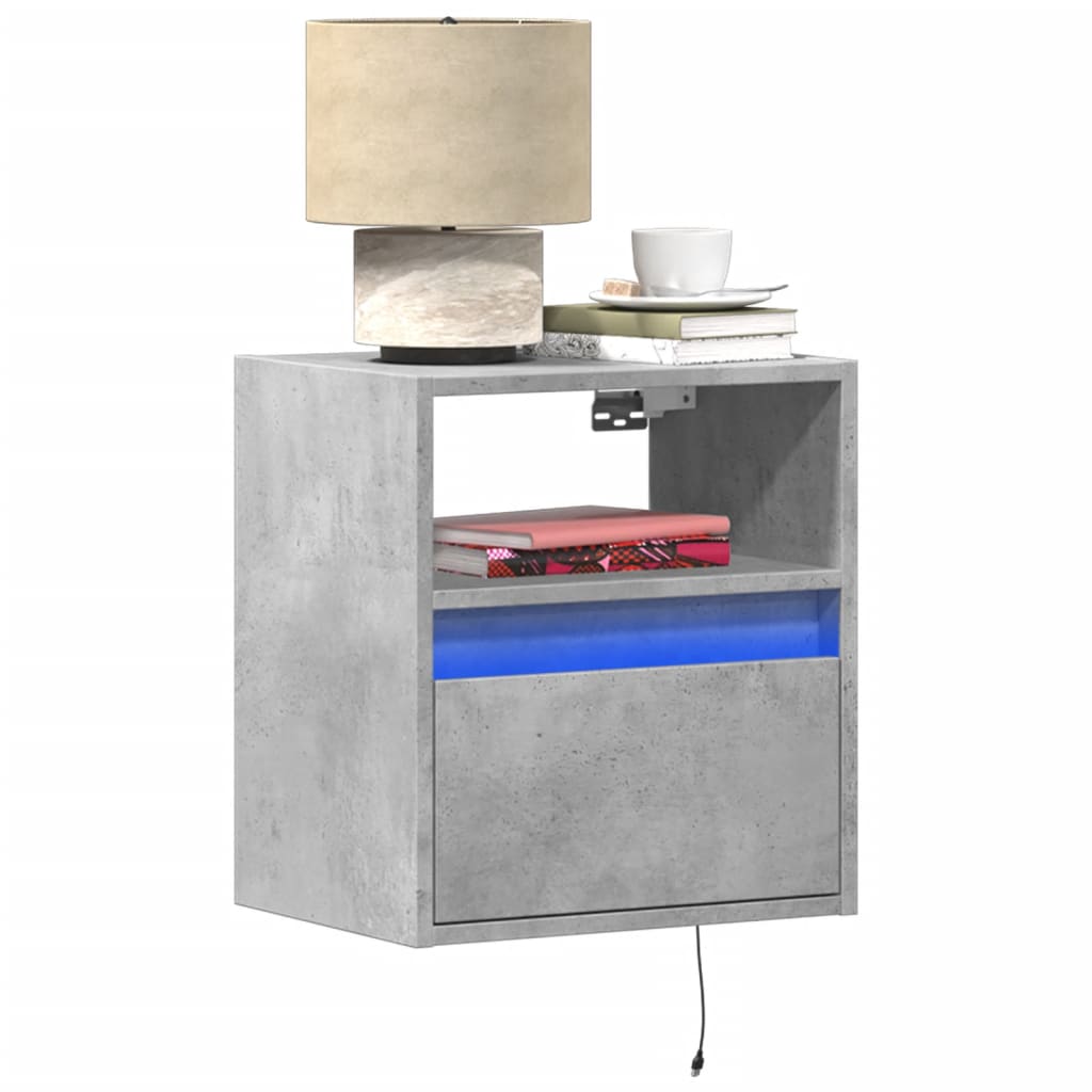 vidaXL Wall-mounted Bedside Cabinet with LED Lights Concrete Grey