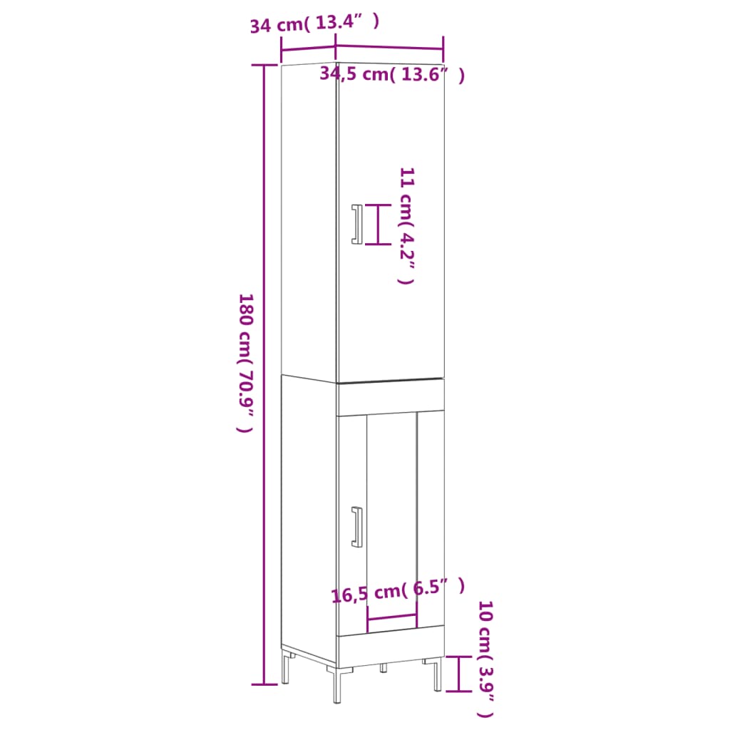 vidaXL Highboard White 34.5x34x180 cm Engineered Wood