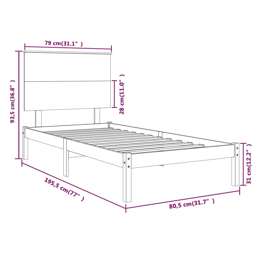 vidaXL Bed Frame without Mattress Honey Brown 75x190 cm Small Single Solid Wood