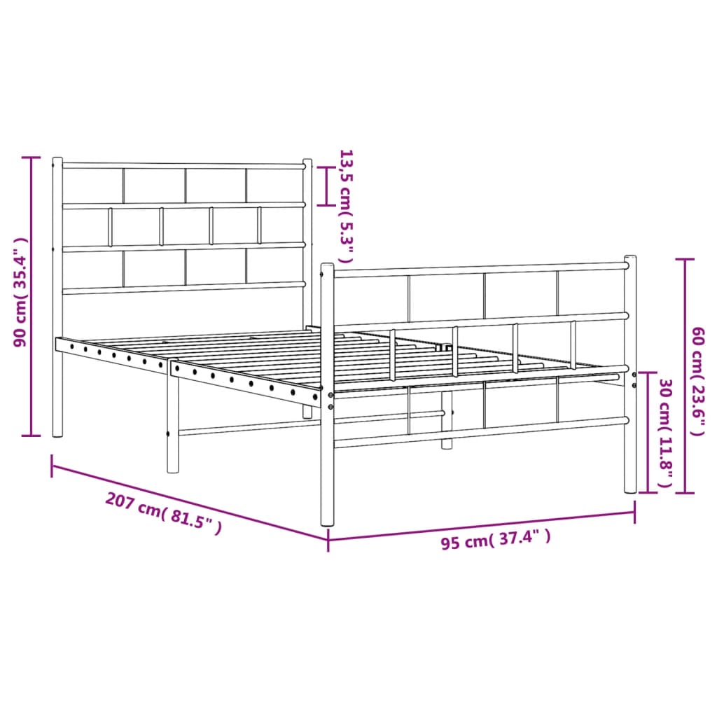 vidaXL Metal Bed Frame without Mattress with Footboard White 90x200 cm