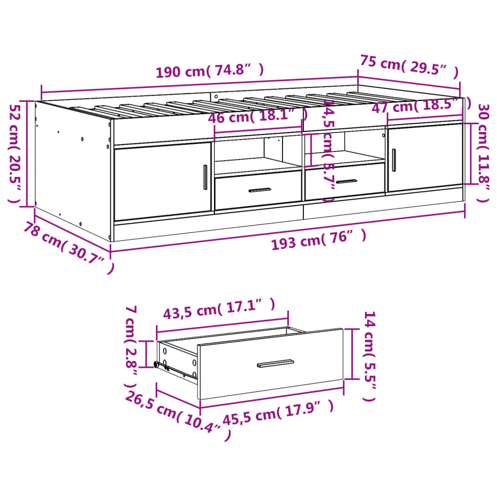 vidaXL Daybed with Drawers without Mattress Smoked Oak 75x190 cm Small Single