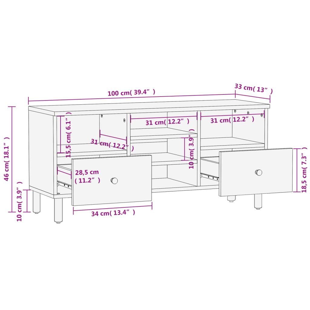 vidaXL TV Cabinet Black 100x33x46 cm Solid Wood Mango