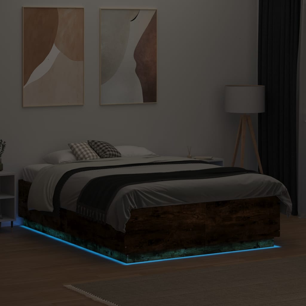 vidaXL Bed Frame with LED without Mattress Smoked Oak 140x190 cm