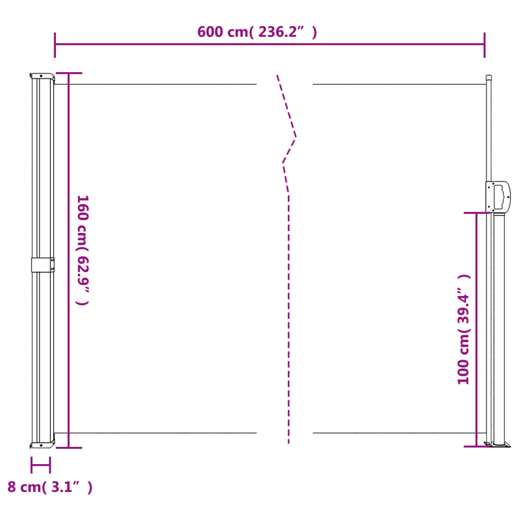 vidaXL Retractable Side Awning Black 160x600 cm