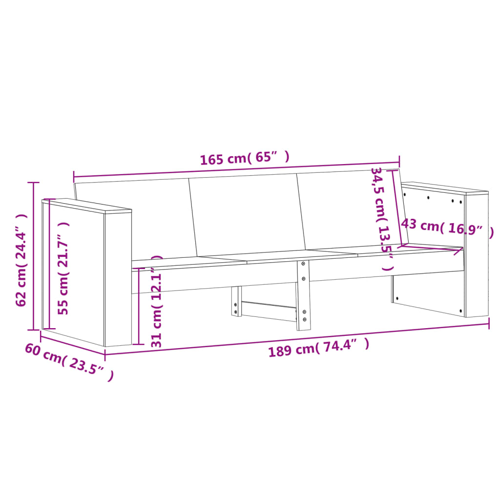 vidaXL Garden Sofa 3-Seater White 189x60x62 cm Solid Wood Pine