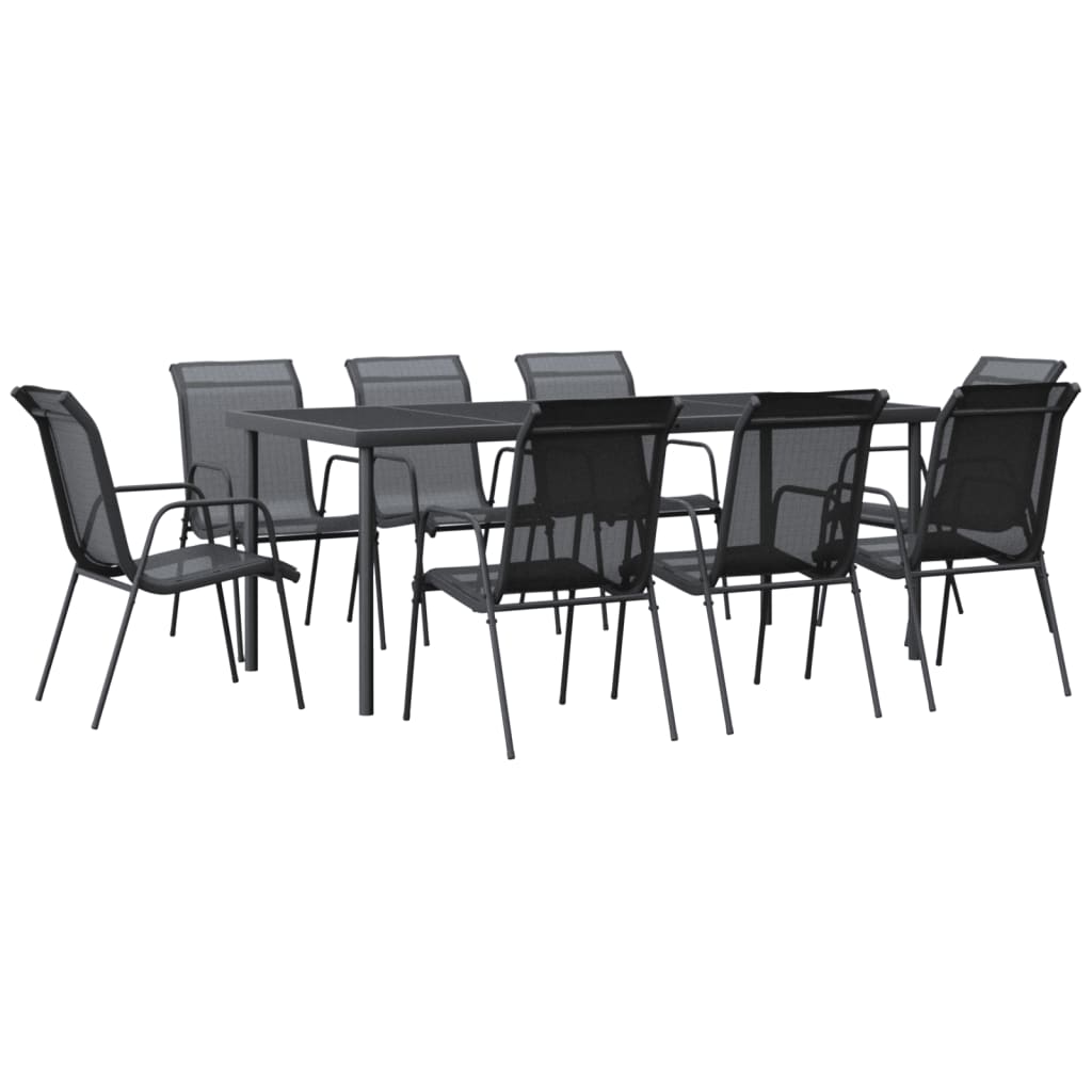 vidaXL 9 Piece Garden Dining Set Black Steel and Textilene