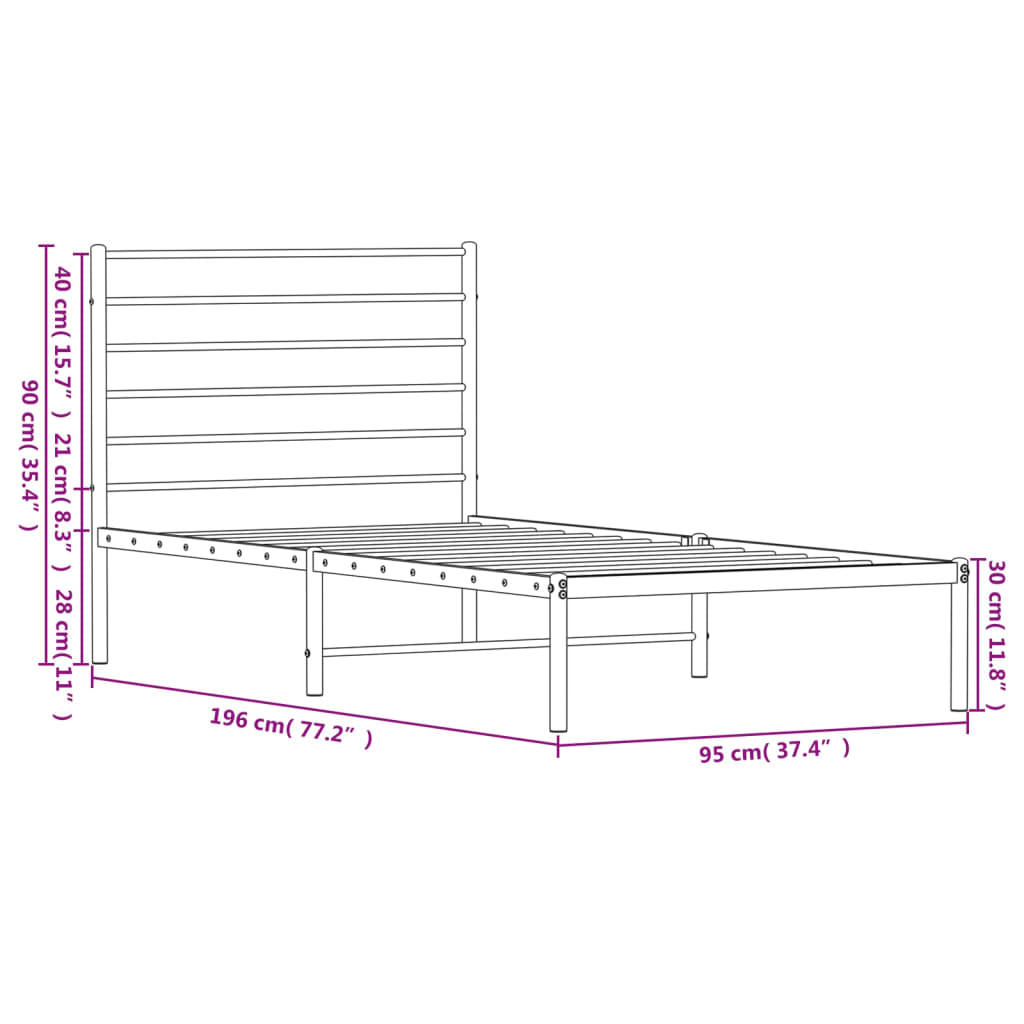 vidaXL Metal Bed Frame without Mattress with Headboard Black 90x190 cm Single