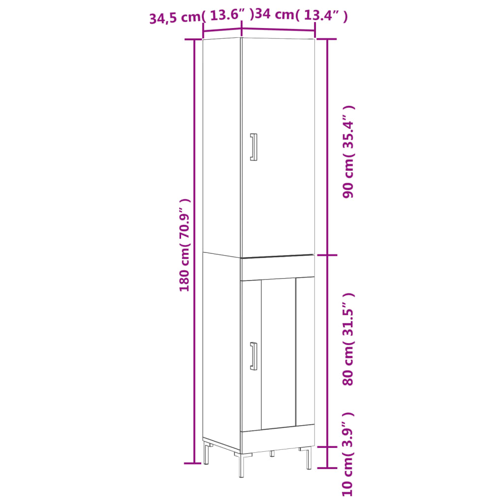 vidaXL Highboard Brown Oak 34.5x34x180 cm Engineered Wood