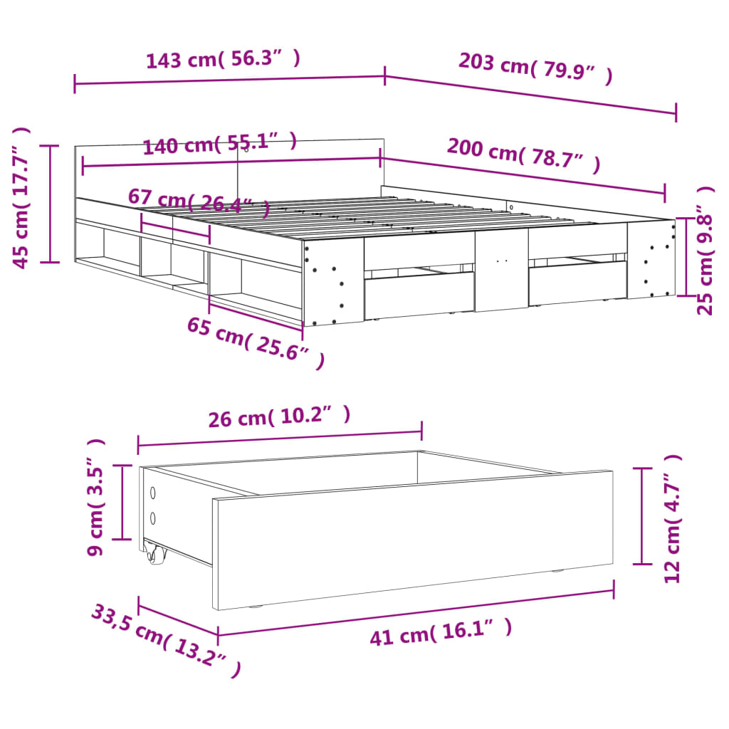 vidaXL Bed Frame with Drawers without Mattress Sonoma Oak 140x200 cm