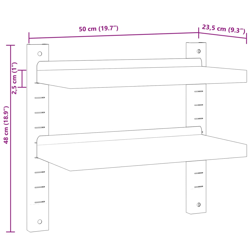 vidaXL 2-Tier Wall Shelf 50x23.5x60 cm Silver Stainless Steel