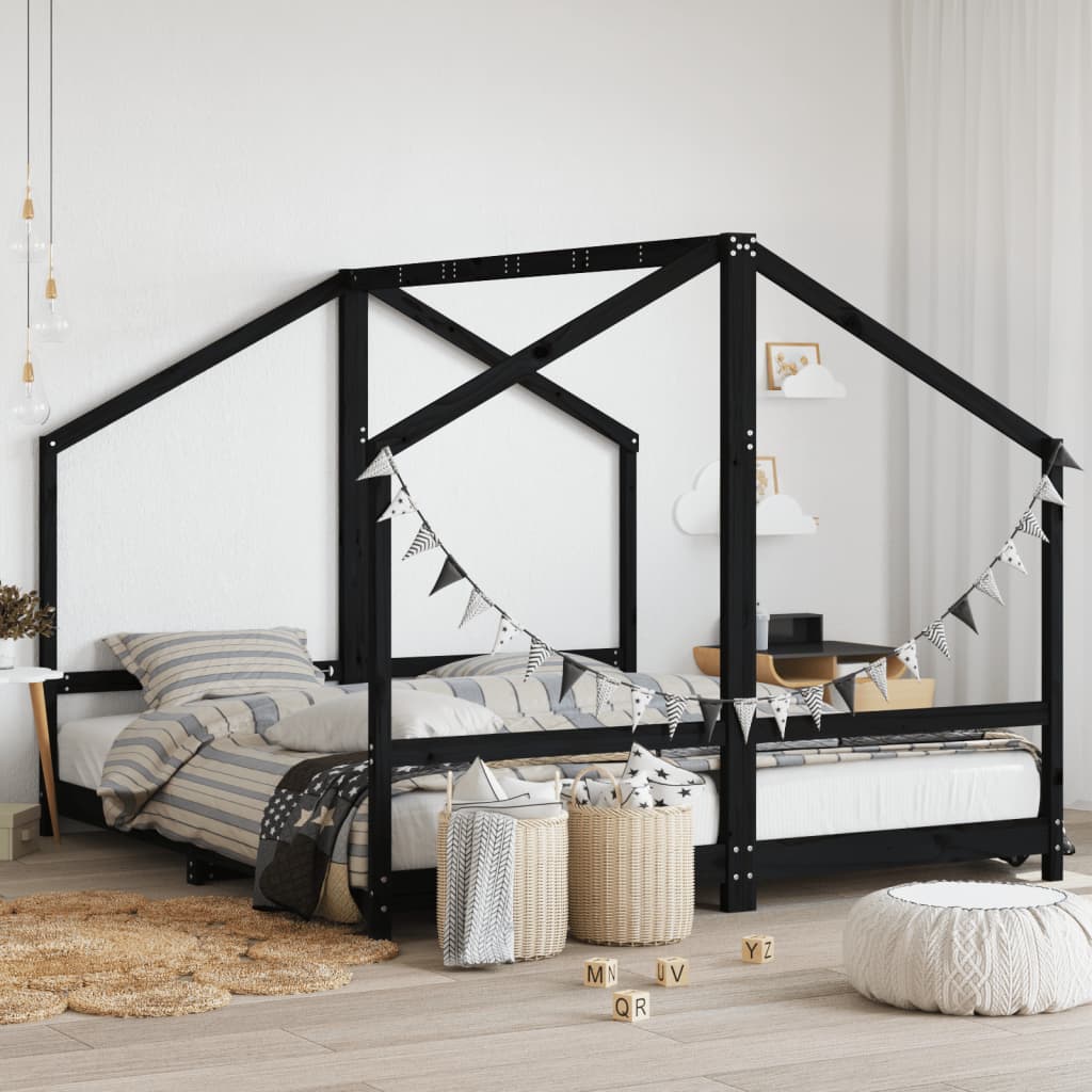 vidaXL Kids Bed Frame Black 2x(90x200) cm Solid Wood Pine