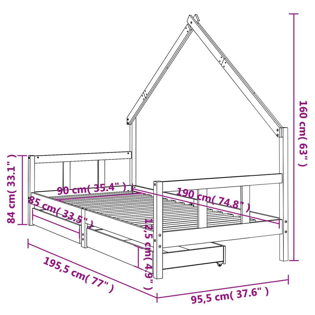 vidaXL Kids Bed Frame with Drawers 90x190 cm Solid Wood Pine