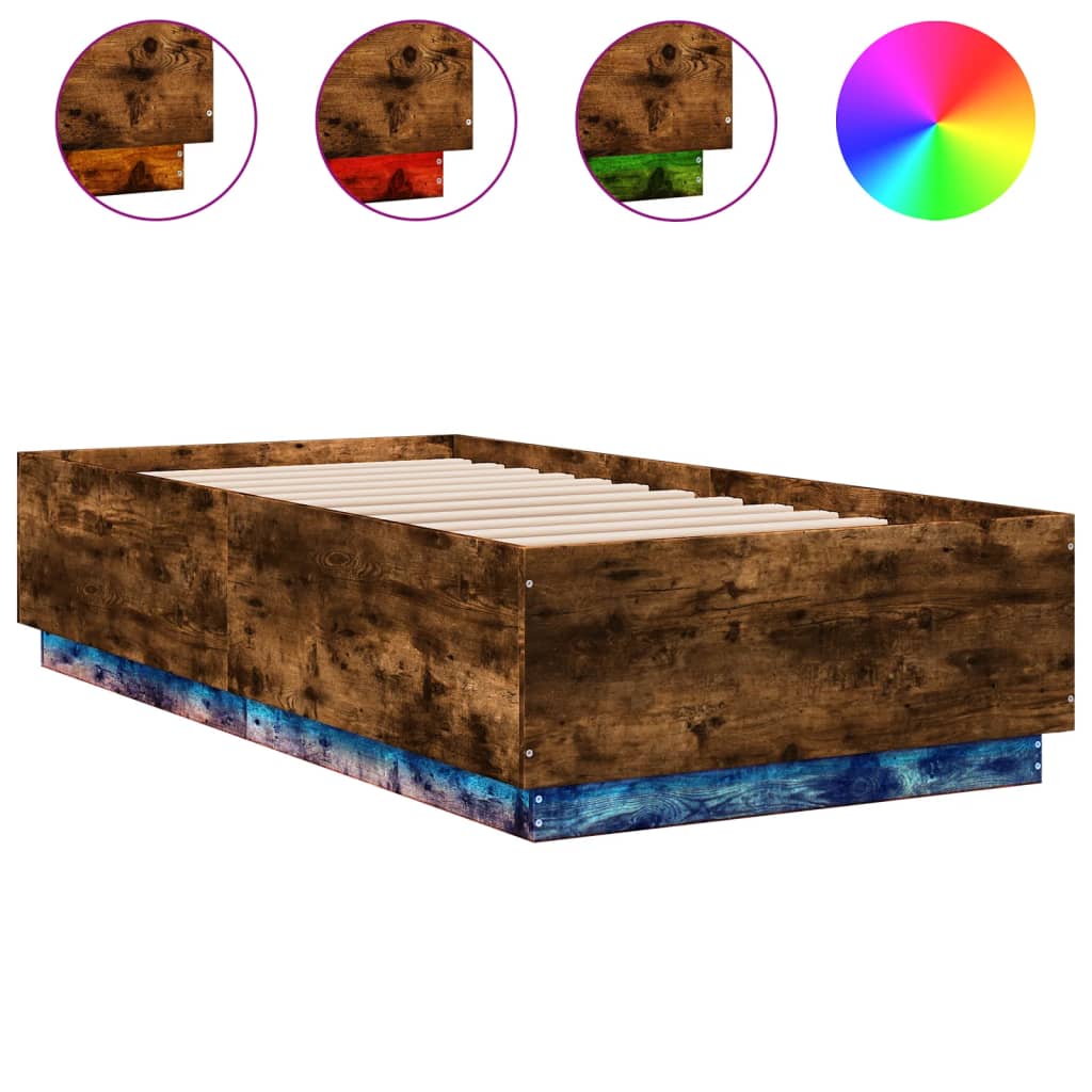 vidaXL Bed Frame with LED without Mattress Smoked Oak 75x190 cm Small Single