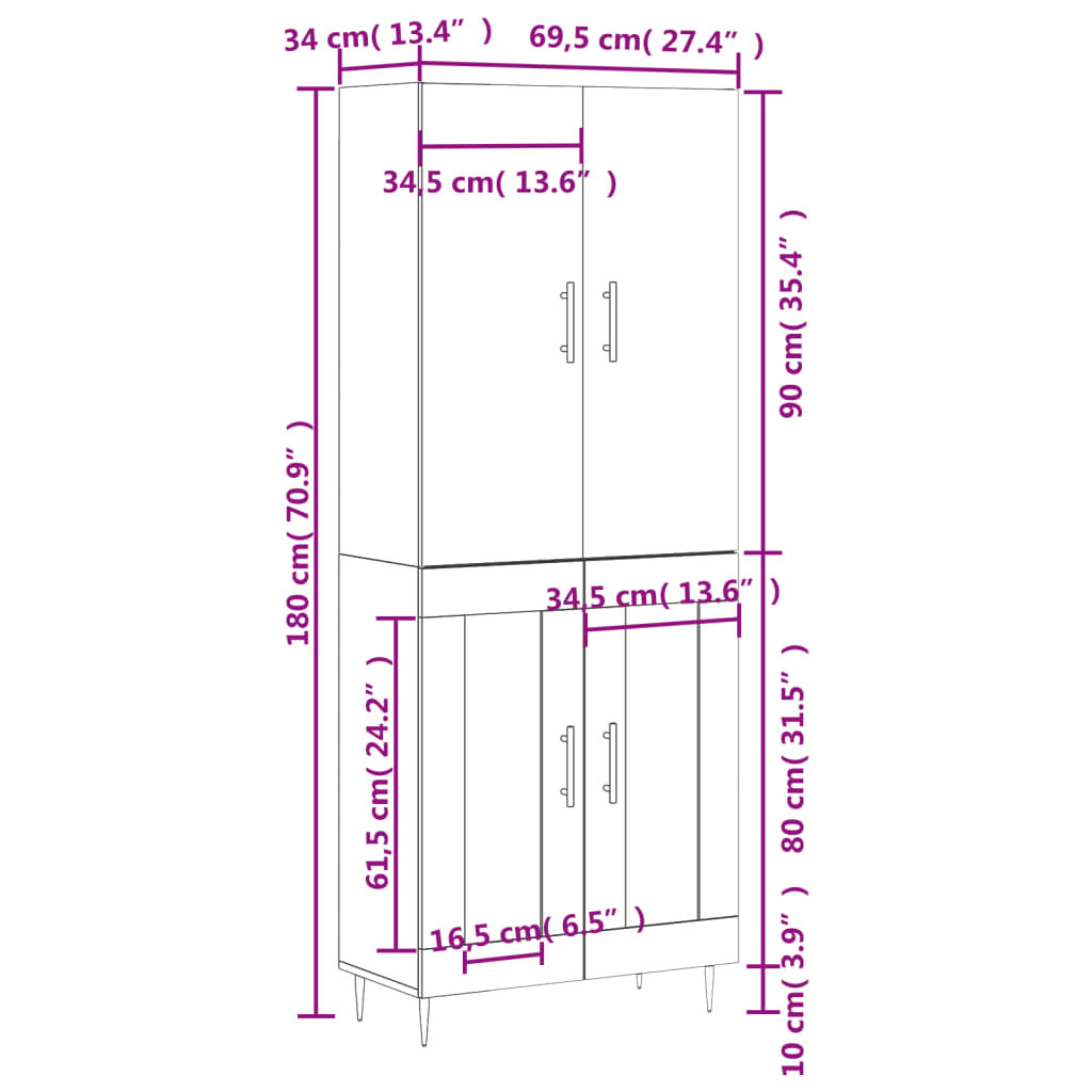 vidaXL Highboard Concrete Grey 69.5x34x180 cm Engineered Wood