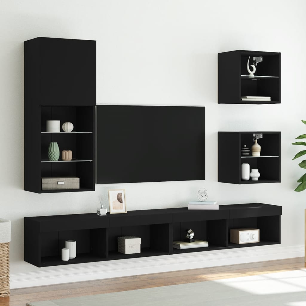 vidaXL 5 Piece TV Wall Units with LED Black Engineered Wood