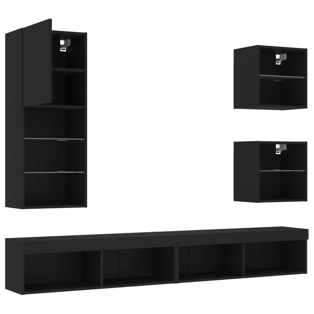 vidaXL 5 Piece TV Wall Units with LED Black Engineered Wood