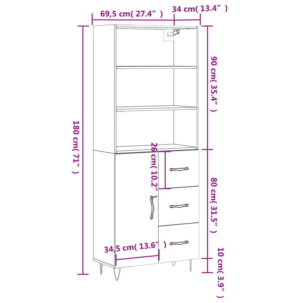 vidaXL Highboard Black 69.5x34x180 cm Engineered Wood