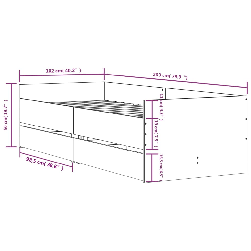 vidaXL Bed Frame with Drawers without Mattress White 100x200 cm