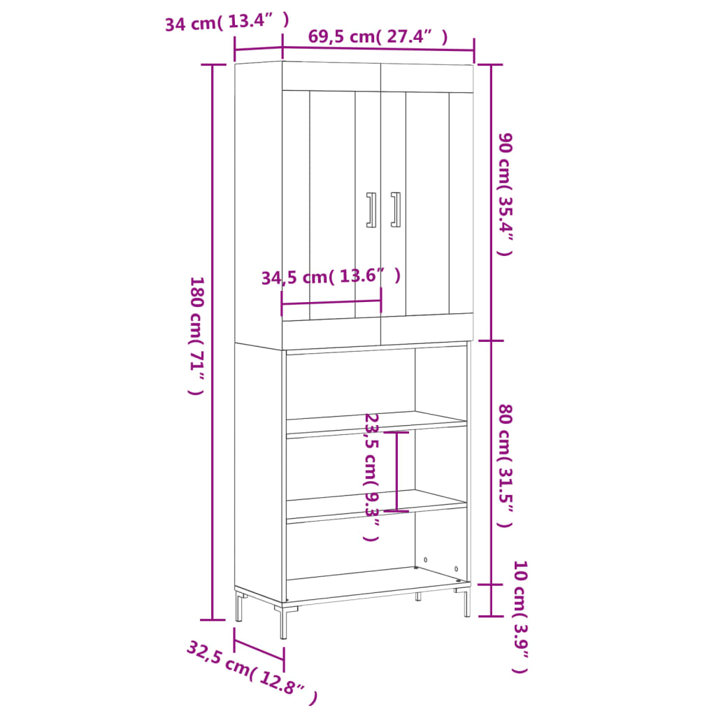 vidaXL Highboard White 69.5x34x180 cm Engineered Wood