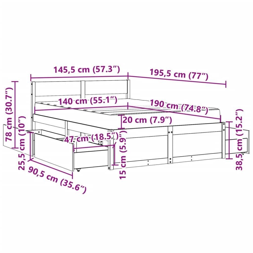 vidaXL Bed with Drawers and Mattress White 140x190 cm Solid Wood Pine