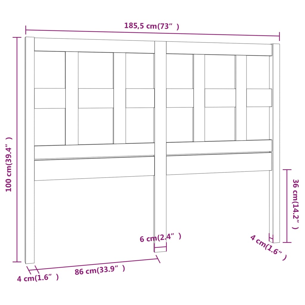 vidaXL Bed Headboard Black 185.5x4x100 cm Solid Wood Pine