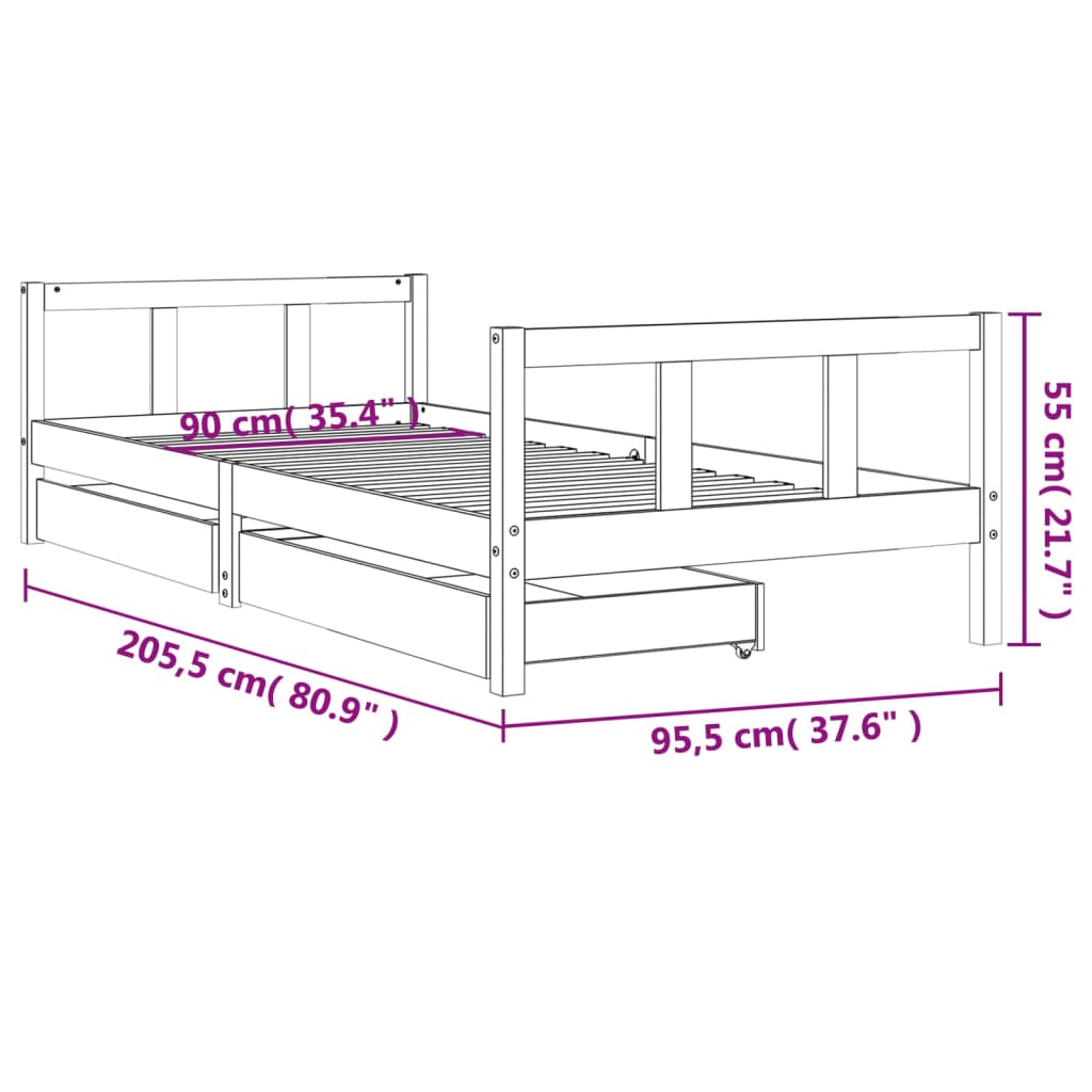 vidaXL Kids Bed Frame with Drawers White 90x200 cm Solid Wood Pine