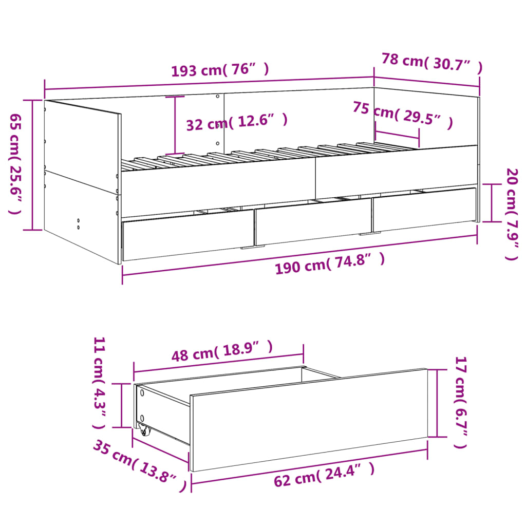 vidaXL Daybed with Drawers without Mattress Brown Oak 75x190 cm Small Single