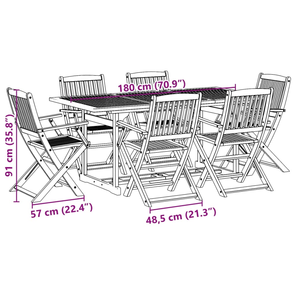 vidaXL 7 Piece Garden Dining Set 180x90x75 cm Solid Wood Acacia