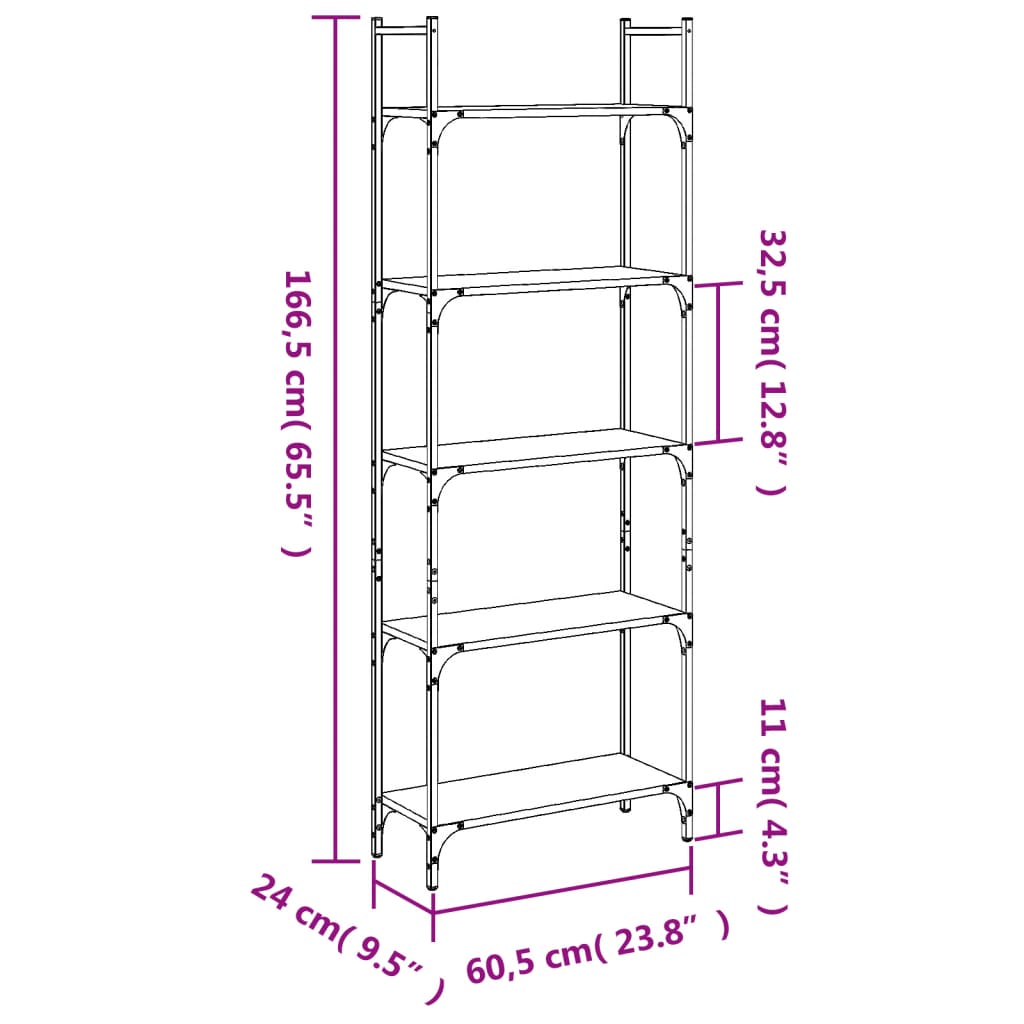 vidaXL Bookshelf 5-Tier Smoked Oak 60.5x24x166.5 cm Engineered Wood