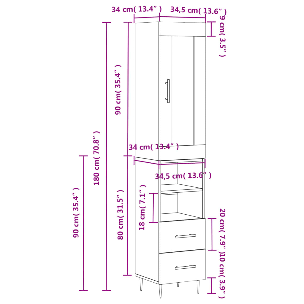 vidaXL Highboard Grey Sonoma 34.5x34x180 cm Engineered Wood