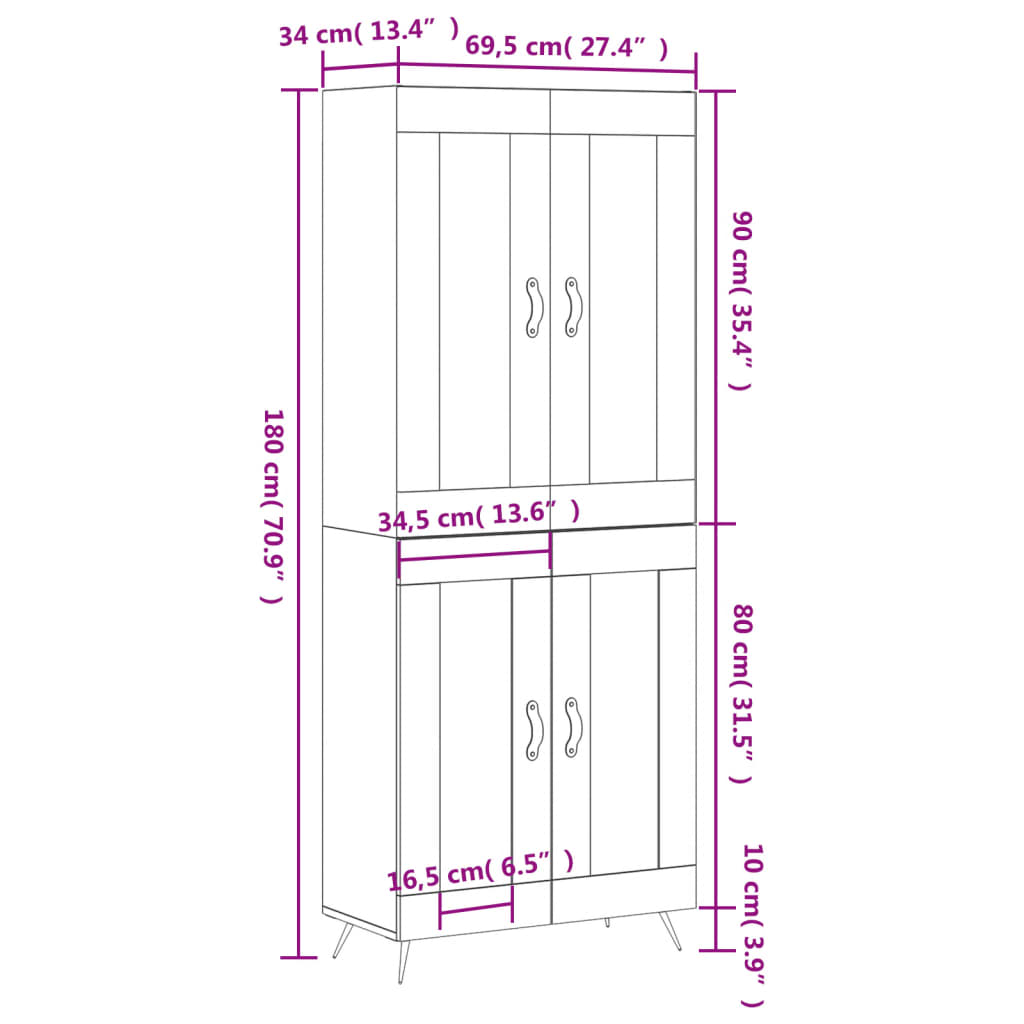 vidaXL Highboard Grey Sonoma 69.5x34x180 cm Engineered Wood