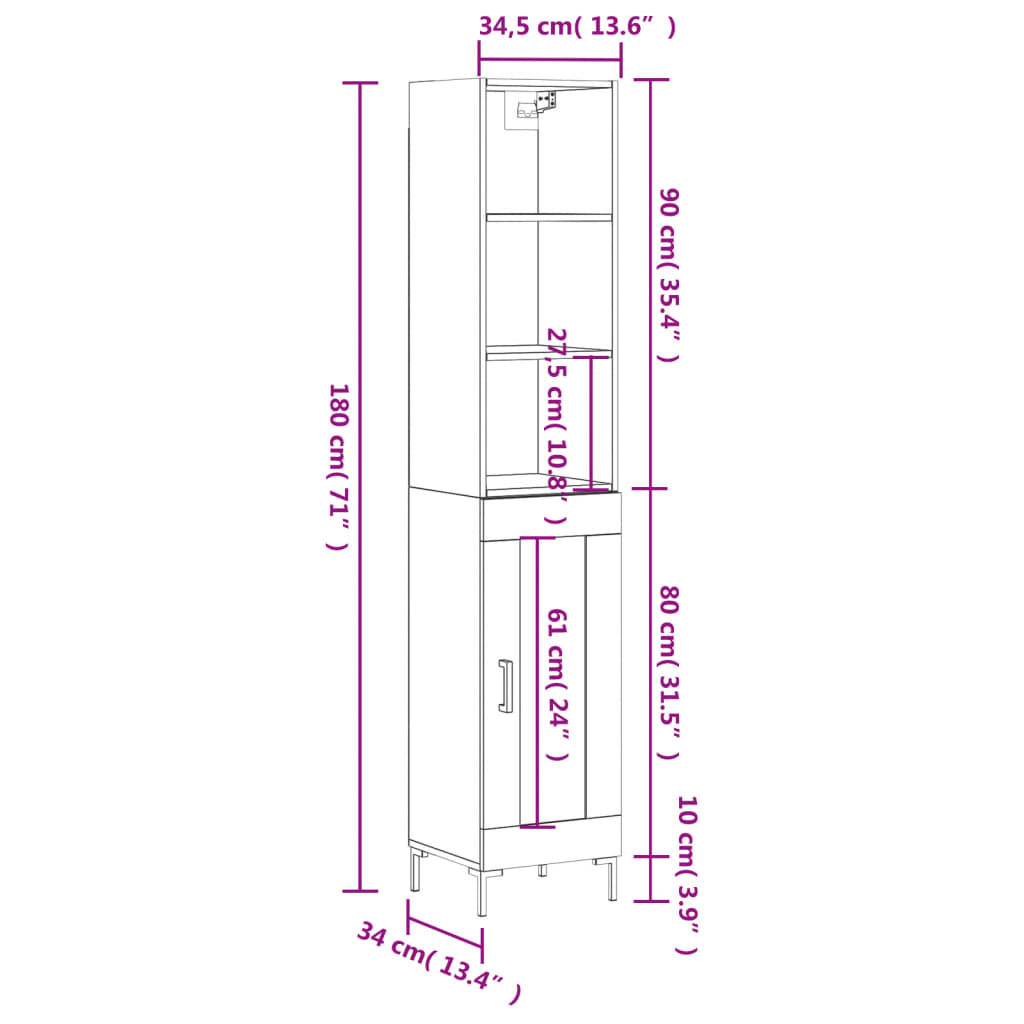 vidaXL Highboard Grey Sonoma 34.5x34x180 cm Engineered Wood