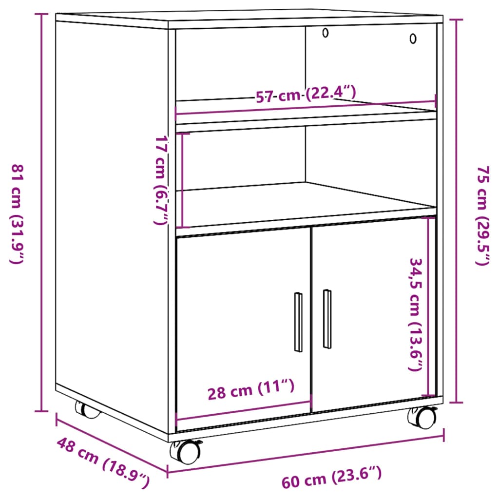 vidaXL Rolling Cabinet Grey Sonoma 60x48x81 cm Engineered Wood