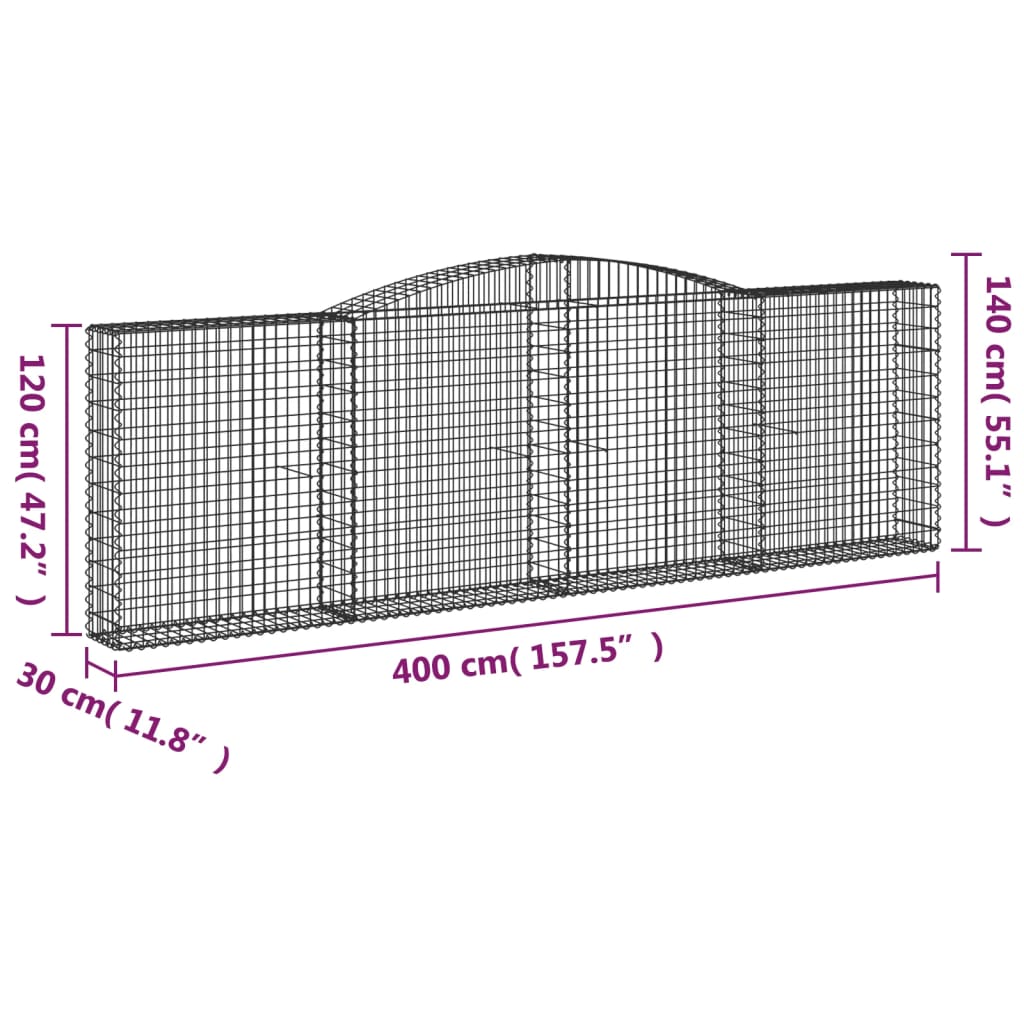 vidaXL Arched Gabion Baskets 4 pcs 400x30x120/140 cm Galvanised Iron