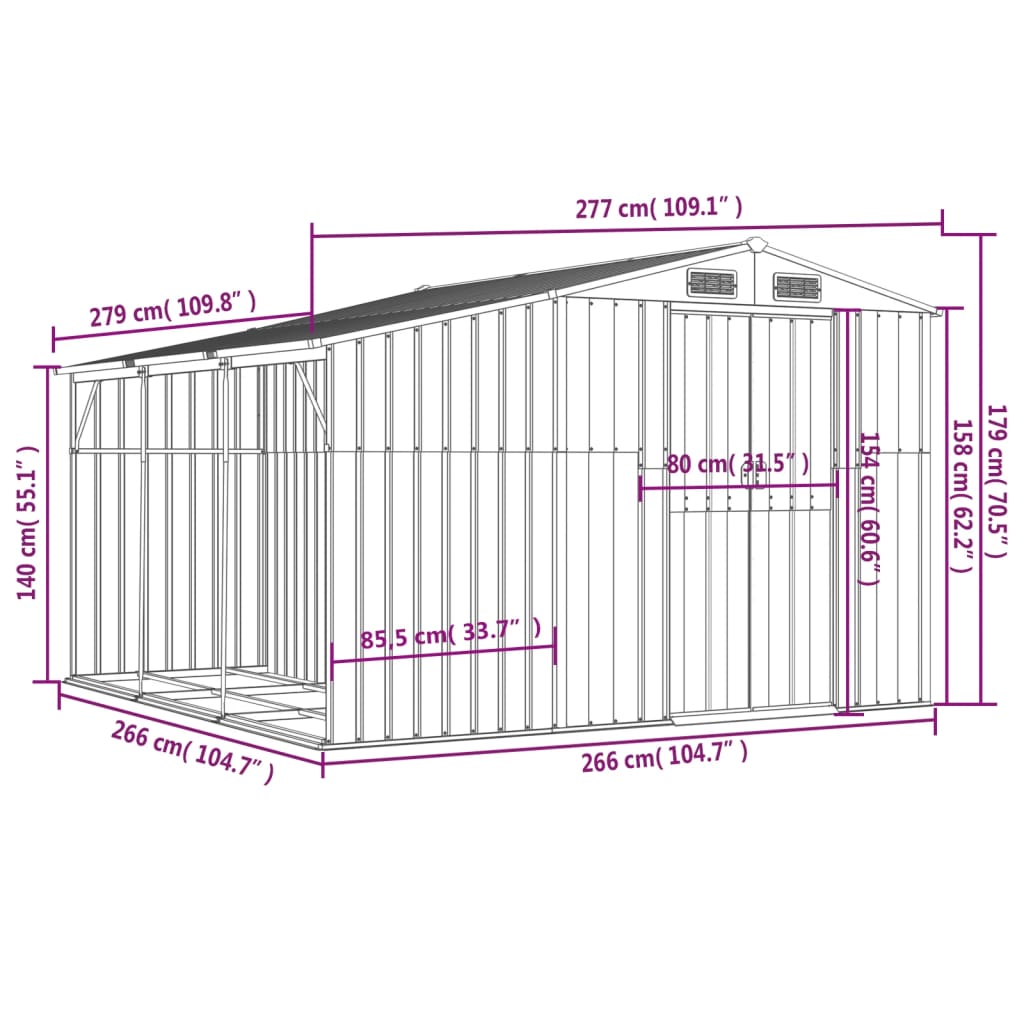 vidaXL Garden Shed Anthracite 277x279x179 cm Galvanised Steel